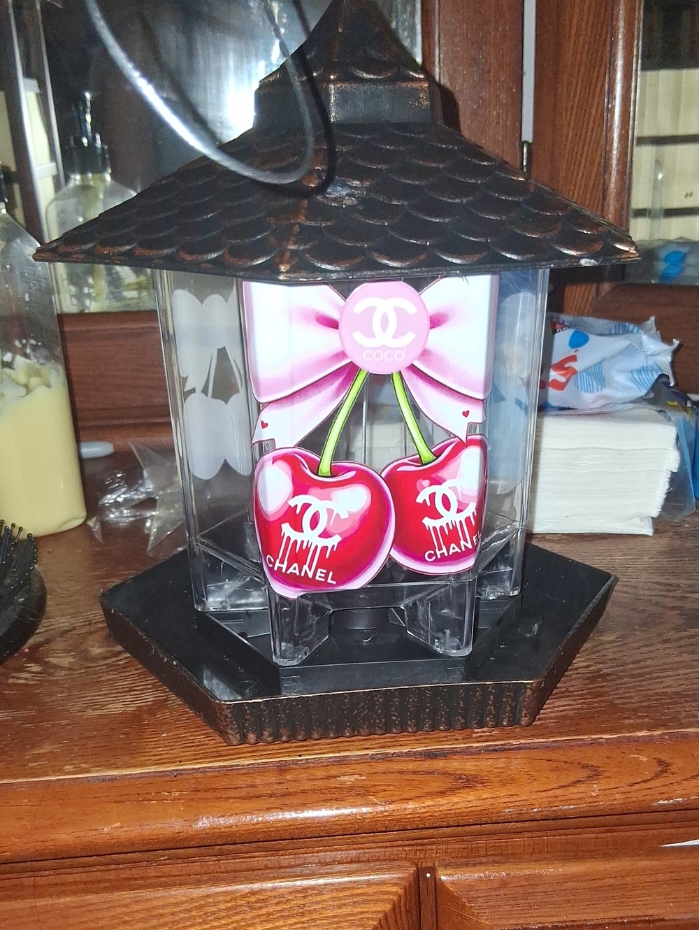 CHANEL Pink Bow with Red Cherry Acrylic Bird feeder